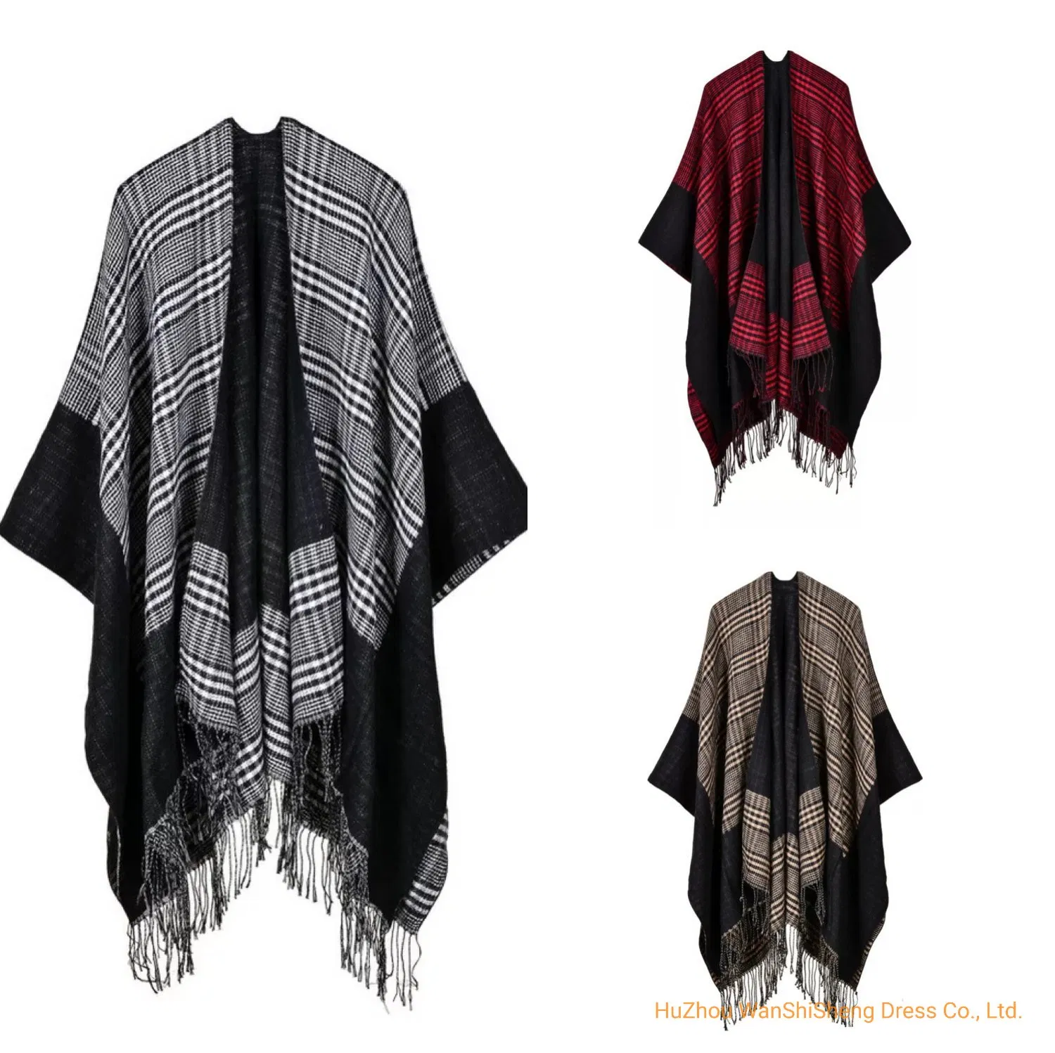 100%Acrylic Ladies Winter Ruana Over Sized Woven Checked Poncho/ Ruana /Warp/Cape