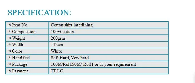 100% Cotton Shirt Collar Interlining with Coating