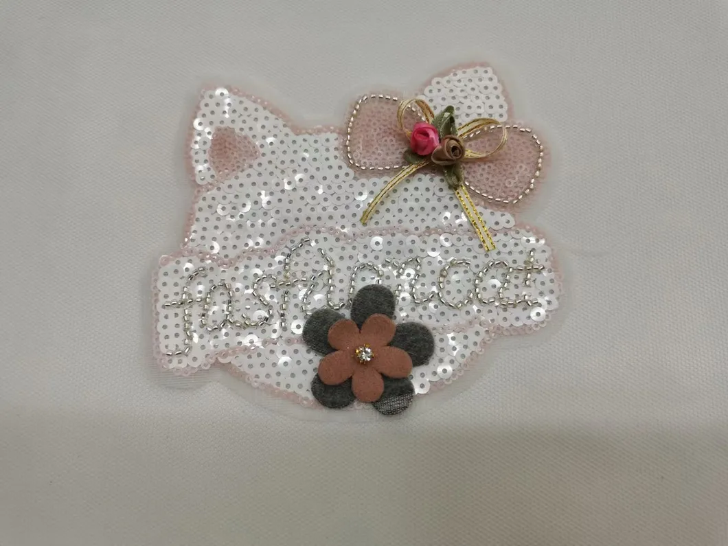 2021 Latest Garment Accessory Fashion Lovely Hallow-Kitty Beaded Sequin Cat Applique Patch for Garment