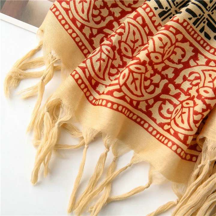 Bohemia Ethnic Artsy Scarf Boho Geometry Contrast Color Elegant Shawl Long Tassels Warm Hijab Twill Cotton Flora Printing Scarf for Spring and Autumn