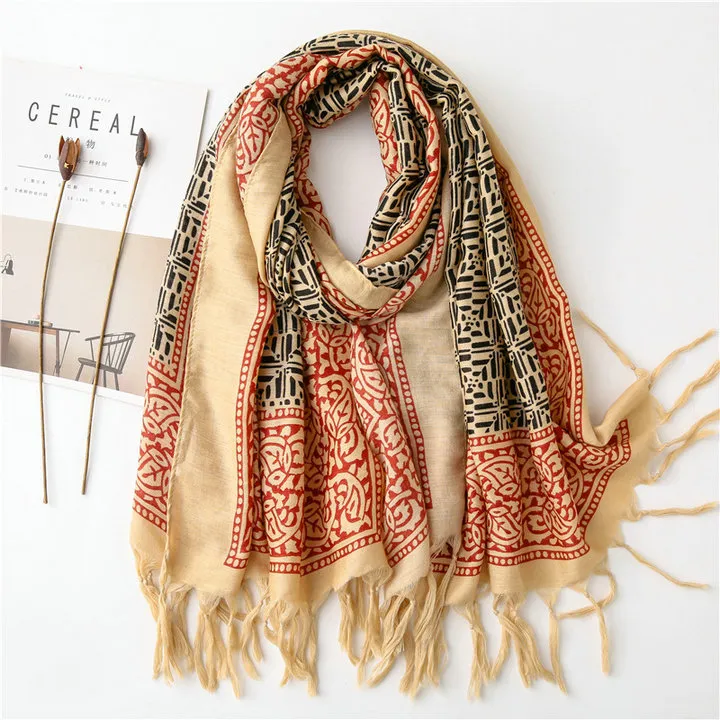 Bohemia Ethnic Artsy Scarf Boho Geometry Contrast Color Elegant Shawl Long Tassels Warm Hijab Twill Cotton Flora Printing Scarf for Spring and Autumn