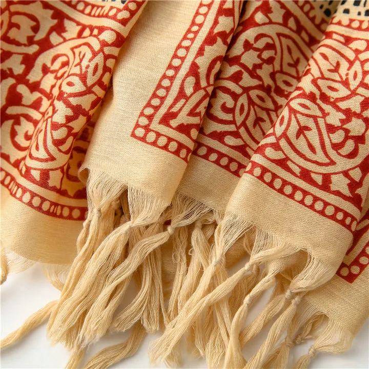 Bohemia Ethnic Artsy Scarf Boho Geometry Contrast Color Elegant Shawl Long Tassels Warm Hijab Twill Cotton Flora Printing Scarf for Spring and Autumn