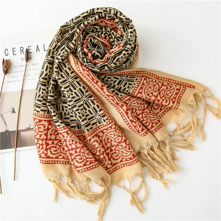 Bohemia Ethnic Artsy Scarf Boho Geometry Contrast Color Elegant Shawl Long Tassels Warm Hijab Twill Cotton Flora Printing Scarf for Spring and Autumn