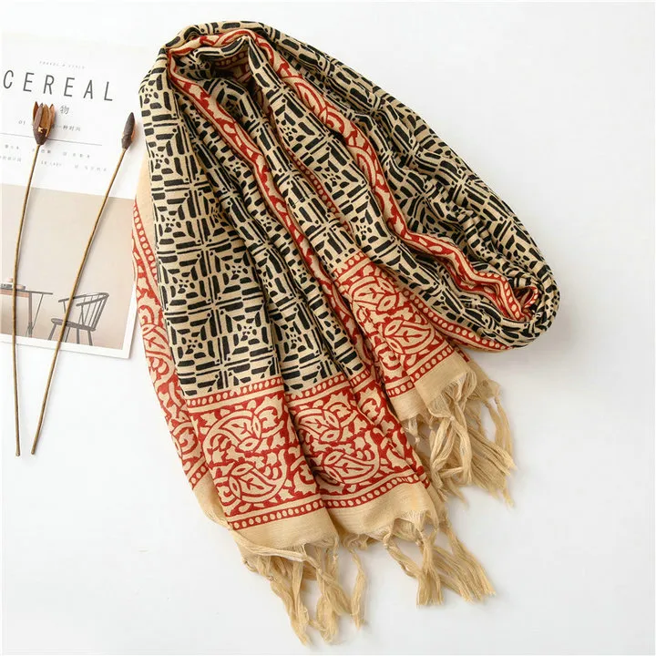 Bohemia Ethnic Artsy Scarf Boho Geometry Contrast Color Elegant Shawl Long Tassels Warm Hijab Twill Cotton Flora Printing Scarf for Spring and Autumn