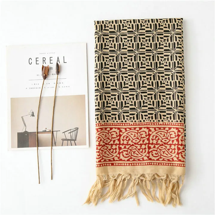 Bohemia Ethnic Artsy Scarf Boho Geometry Contrast Color Elegant Shawl Long Tassels Warm Hijab Twill Cotton Flora Printing Scarf for Spring and Autumn