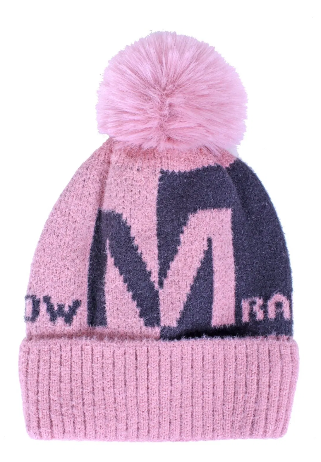 Children's Contrast Color Pink Grey Jacquard Logo Kntting Set Hat and Stole Scarf for Kids