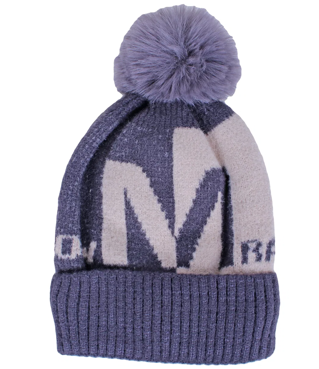 Children′s Contrast Color Pink Grey Jacquard Logo Kntting Set Hat and Stole Scarf for Kids