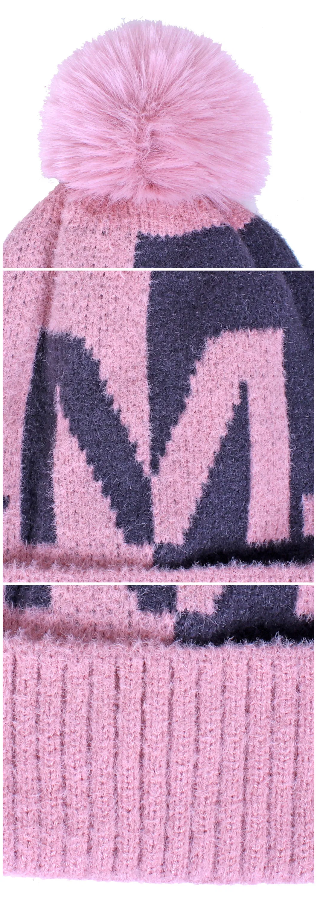 Children′s Contrast Color Pink Grey Jacquard Logo Kntting Set Hat and Stole Scarf for Kids