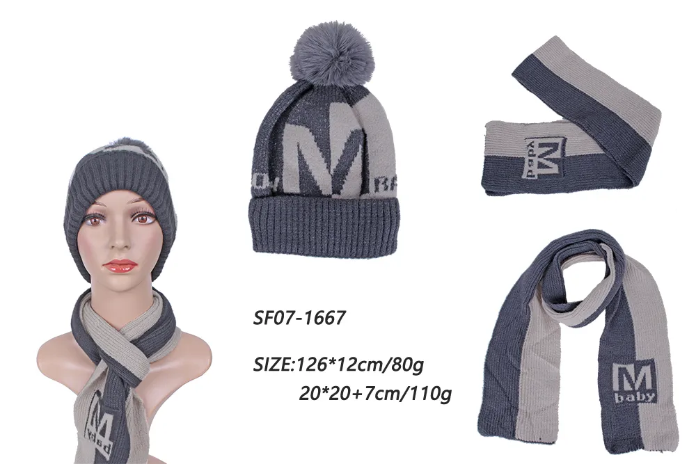 Children′s Contrast Color Pink Grey Jacquard Logo Kntting Set Hat and Stole Scarf for Kids