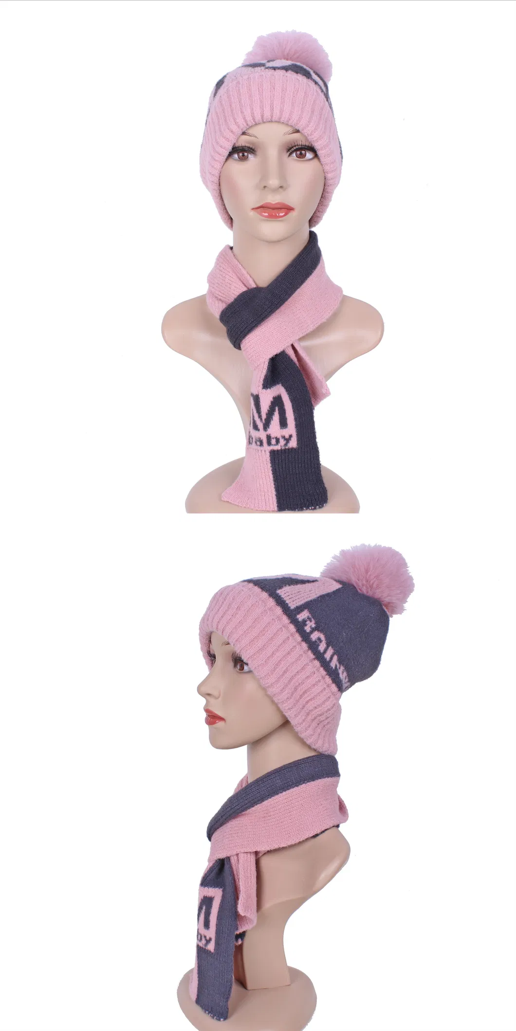 Children′s Contrast Color Pink Grey Jacquard Logo Kntting Set Hat and Stole Scarf for Kids