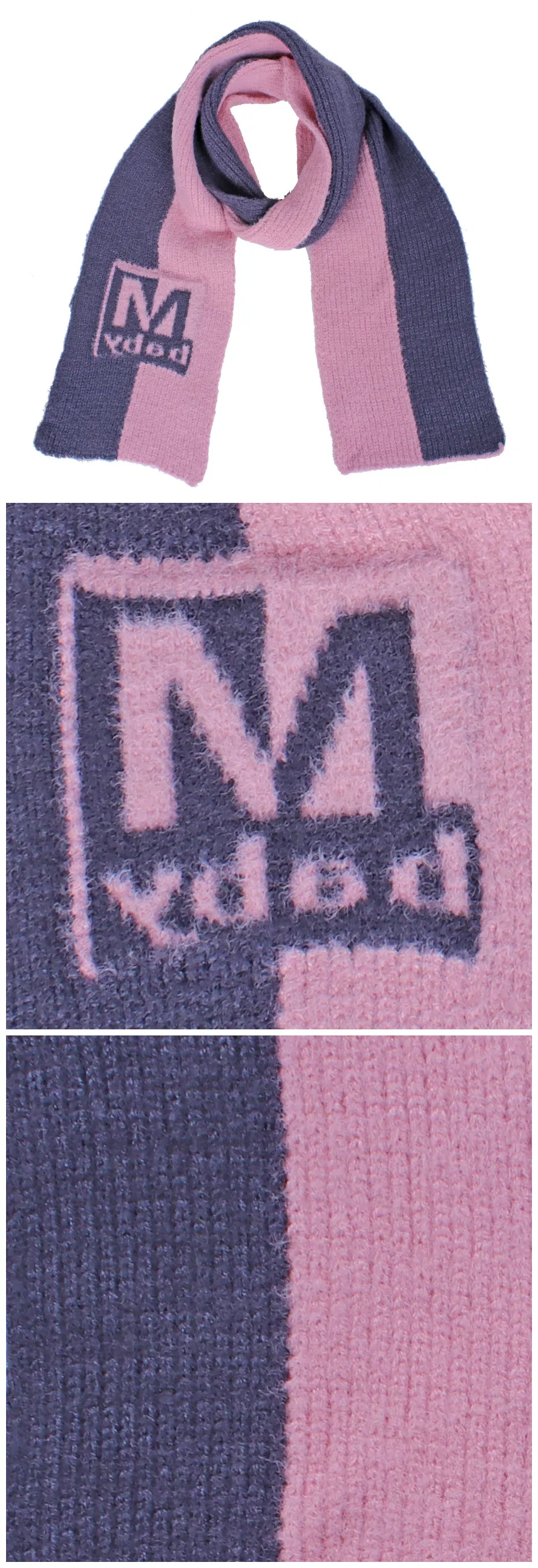 Children′s Contrast Color Pink Grey Jacquard Logo Kntting Set Hat and Stole Scarf for Kids