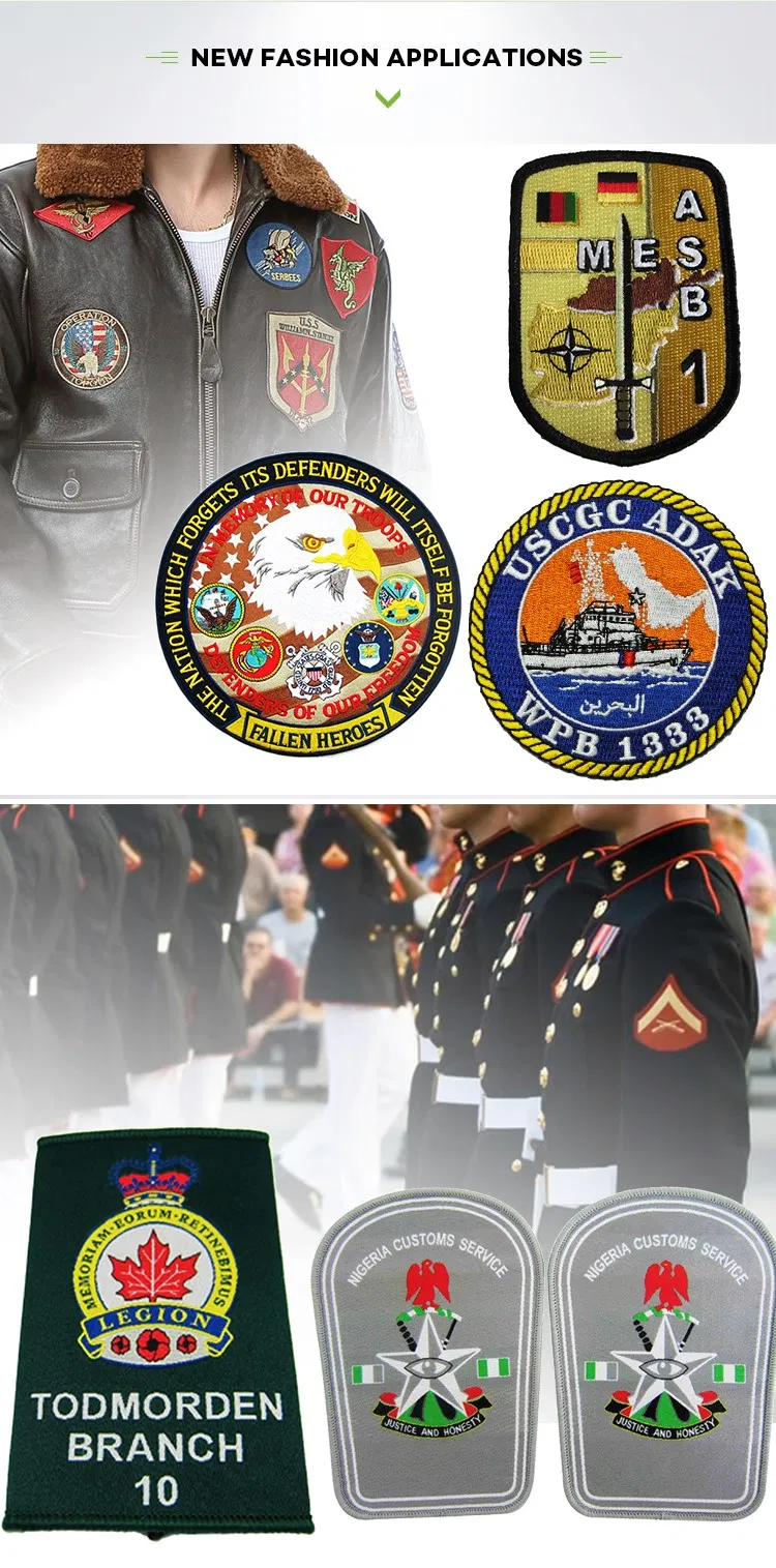 Custom 3D Logo Clothes Woven Embroidered Patch Emblem Fabric Trimming Neck Military Army Flag School Textile Police Label Pin Garment Embroidery Label