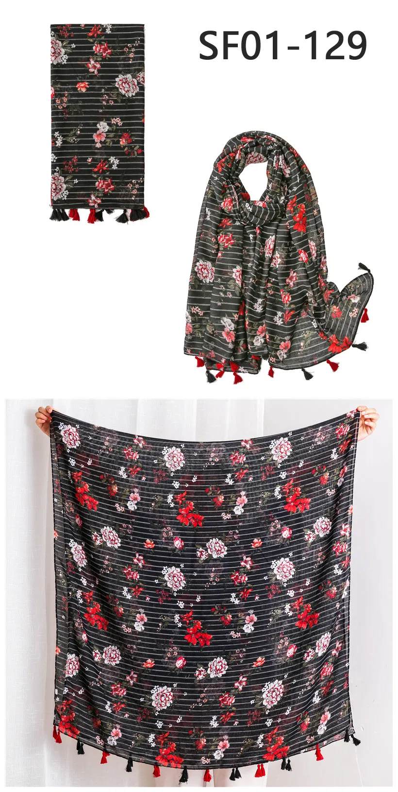 Customized Design Ladies Fashion Elegant Strips Flora Shawl Scarves Women Muffler Headband Wrap Hijab Stole Scarf for Spring