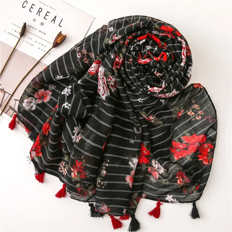 Customized Design Ladies Fashion Elegant Strips Flora Shawl Scarves Women Muffler Headband Wrap Hijab Stole Scarf for Spring
