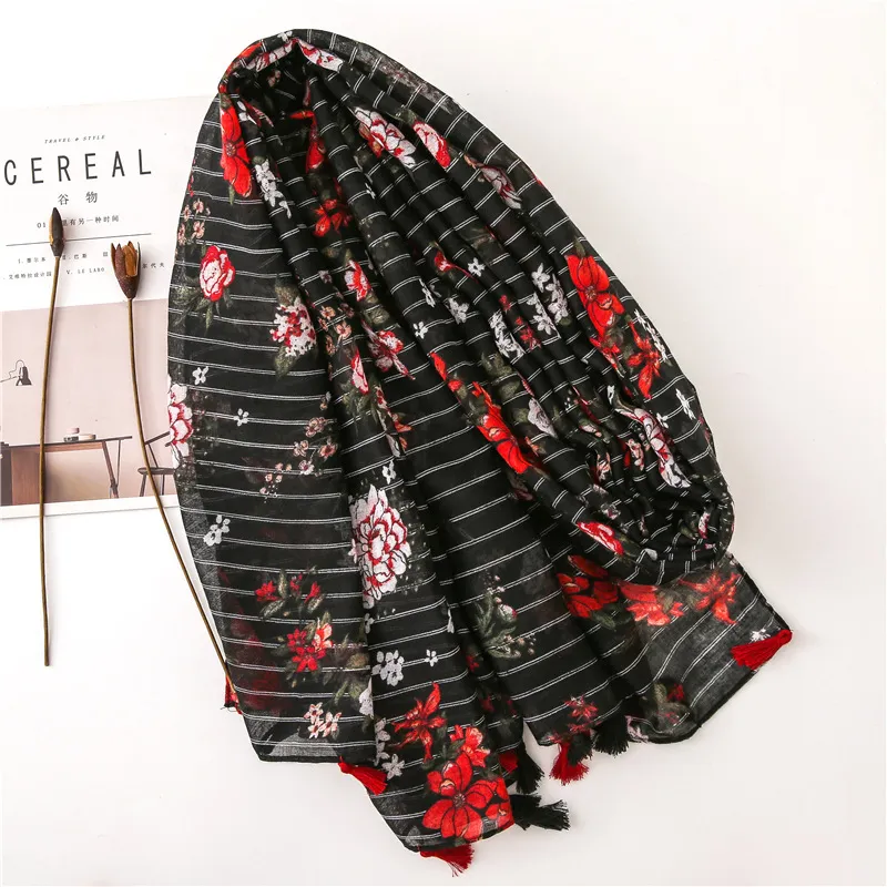 Customized Design Ladies Fashion Elegant Strips Flora Shawl Scarves Women Muffler Headband Wrap Hijab Stole Scarf for Spring