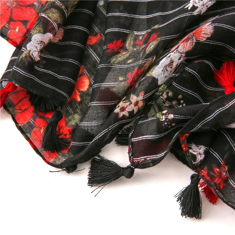Customized Design Ladies Fashion Elegant Strips Flora Shawl Scarves Women Muffler Headband Wrap Hijab Stole Scarf for Spring
