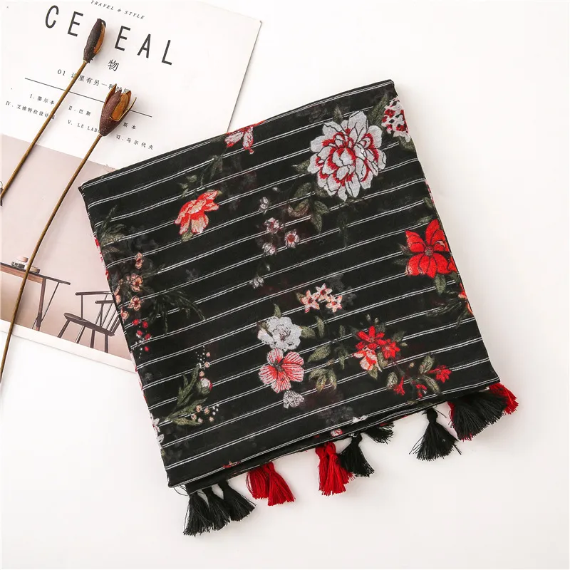 Customized Design Ladies Fashion Elegant Strips Flora Shawl Scarves Women Muffler Headband Wrap Hijab Stole Scarf for Spring