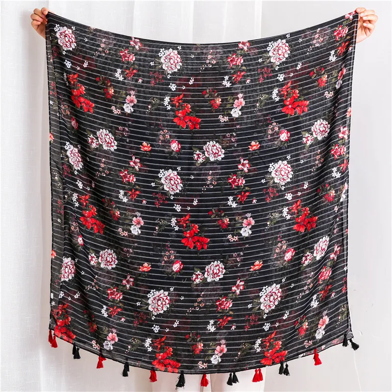 Customized Design Ladies Fashion Elegant Strips Flora Shawl Scarves Women Muffler Headband Wrap Hijab Stole Scarf for Spring