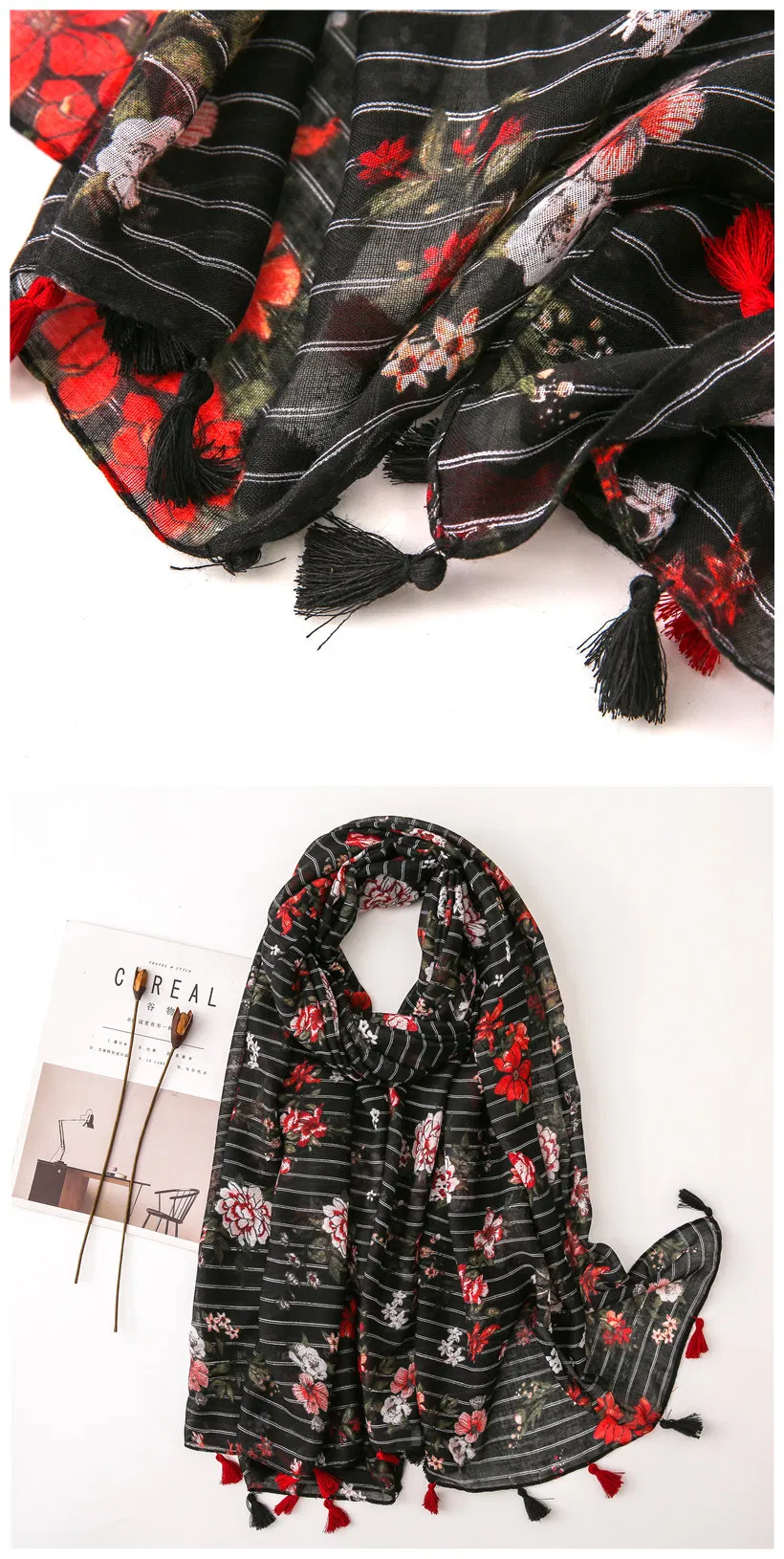 Customized Design Ladies Fashion Elegant Strips Flora Shawl Scarves Women Muffler Headband Wrap Hijab Stole Scarf for Spring