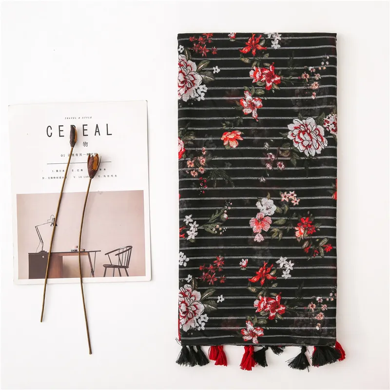 Customized Design Ladies Fashion Elegant Strips Flora Shawl Scarves Women Muffler Headband Wrap Hijab Stole Scarf for Spring