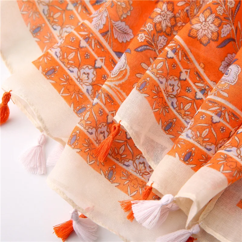 Ethnic Print Tassel Vacation Ployester Scarf Summer Flora Printing Wrap Female Rectangular Soft Lightweight Shawl