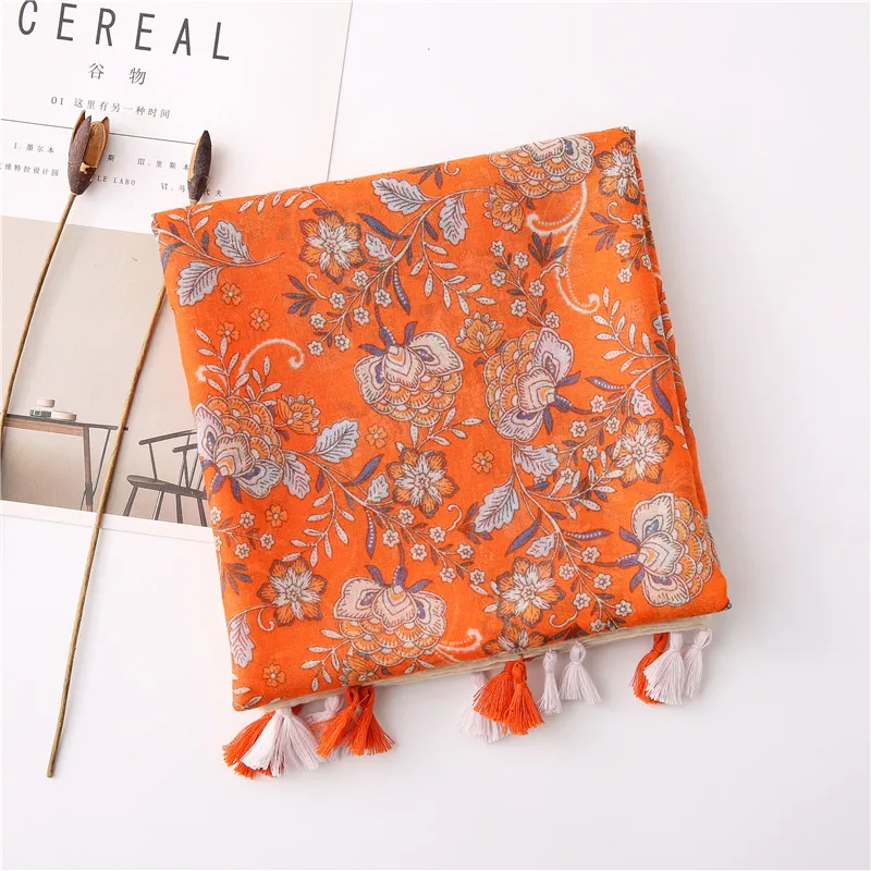 Ethnic Print Tassel Vacation Ployester Scarf Summer Flora Printing Wrap Female Rectangular Soft Lightweight Shawl