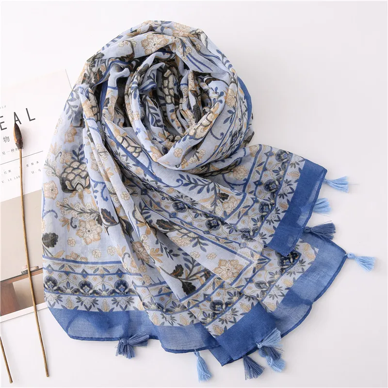 Ethnic Print Tassel Vacation Ployester Scarf Summer Flora Printing Wrap Female Rectangular Soft Lightweight Shawl