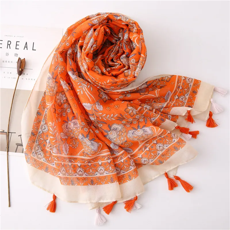 Ethnic Print Tassel Vacation Ployester Scarf Summer Flora Printing Wrap Female Rectangular Soft Lightweight Shawl