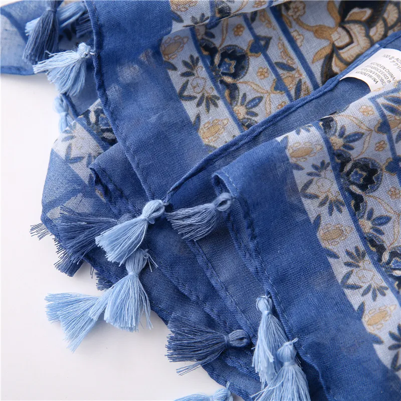 Ethnic Print Tassel Vacation Ployester Scarf Summer Flora Printing Wrap Female Rectangular Soft Lightweight Shawl