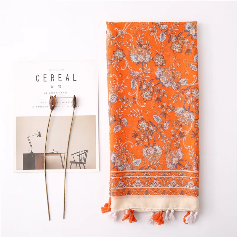 Ethnic Print Tassel Vacation Ployester Scarf Summer Flora Printing Wrap Female Rectangular Soft Lightweight Shawl