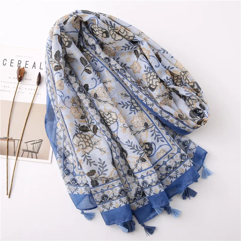 Ethnic Print Tassel Vacation Ployester Scarf Summer Flora Printing Wrap Female Rectangular Soft Lightweight Shawl