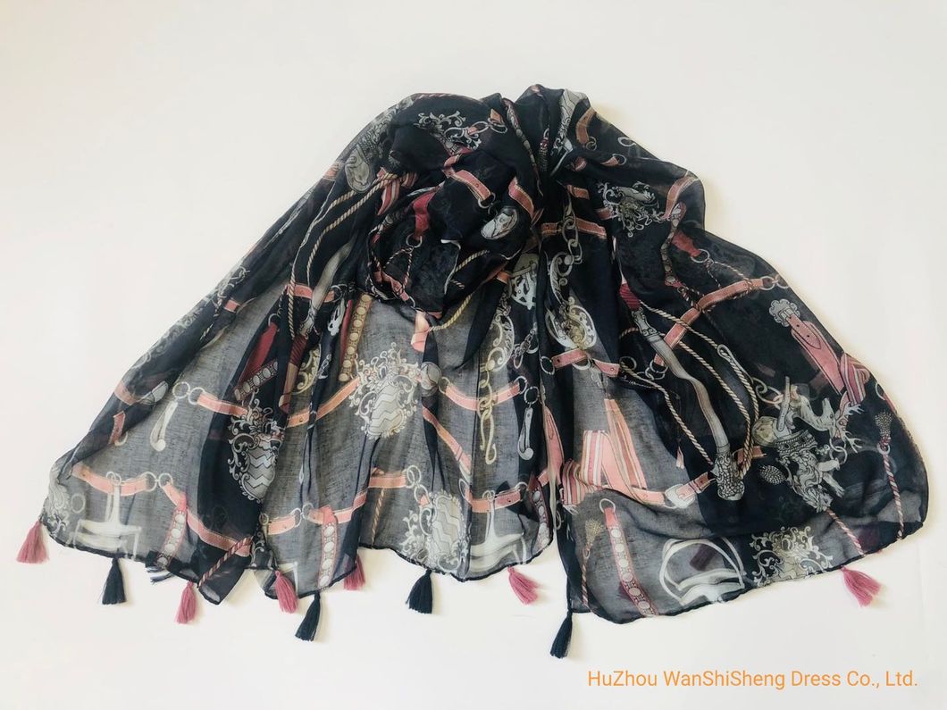 Factory Price OEM Women Fashion Spring Summer Shawl Chain Print Long Muffler Tassels Wrap Foulard Femme Scarf
