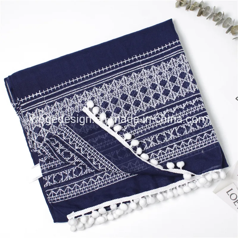 Fashion Ethnic Lady Muslim Dressing Accessory Pompom Navy Blue Embroidery Geometric Pattern Viscose Scarf