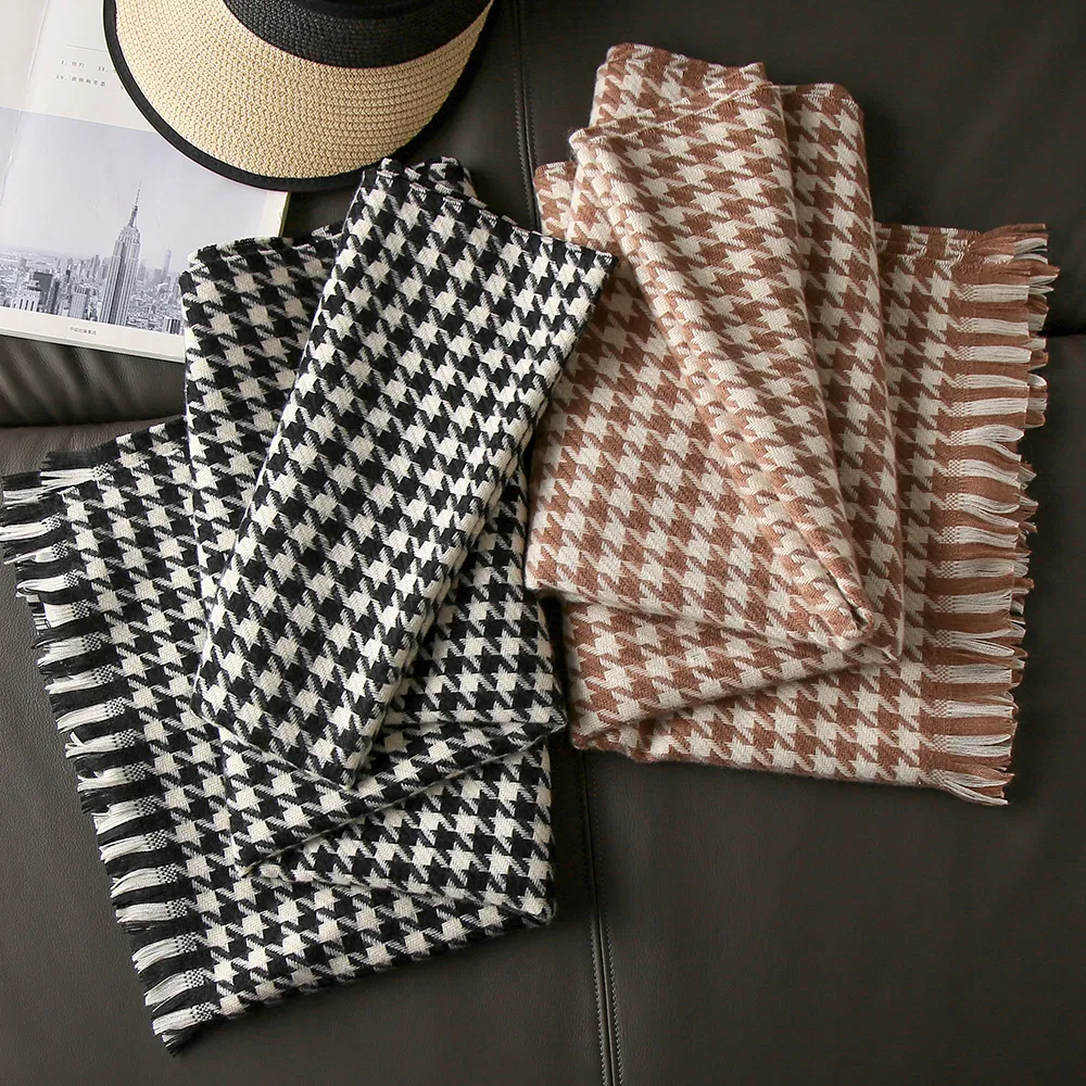 Female Autumn Winter Faux Wool Light Luxury Houndstooth Style Women Swallow Gird Stylish Classical Temperament Scarf for Lady