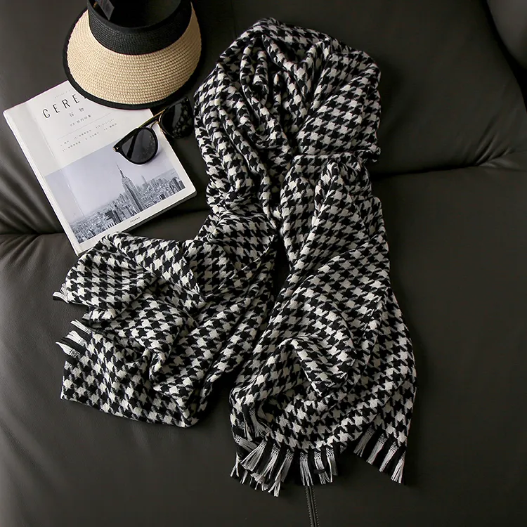 Female Autumn Winter Faux Wool Light Luxury Houndstooth Style Women Swallow Gird Stylish Classical Temperament Scarf for Lady