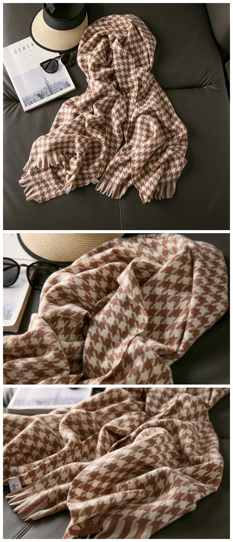 Female Autumn Winter Faux Wool Light Luxury Houndstooth Style Women Swallow Gird Stylish Classical Temperament Scarf for Lady