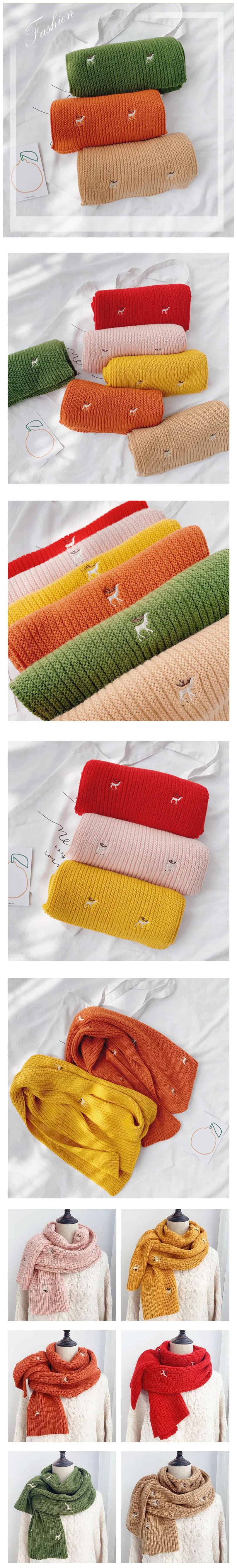 Girls Hot Item Fashion Knitting Scarves Ladies Shawl All Match Kids Children Nice Accessories Scarf for Student with Embroidery Deers