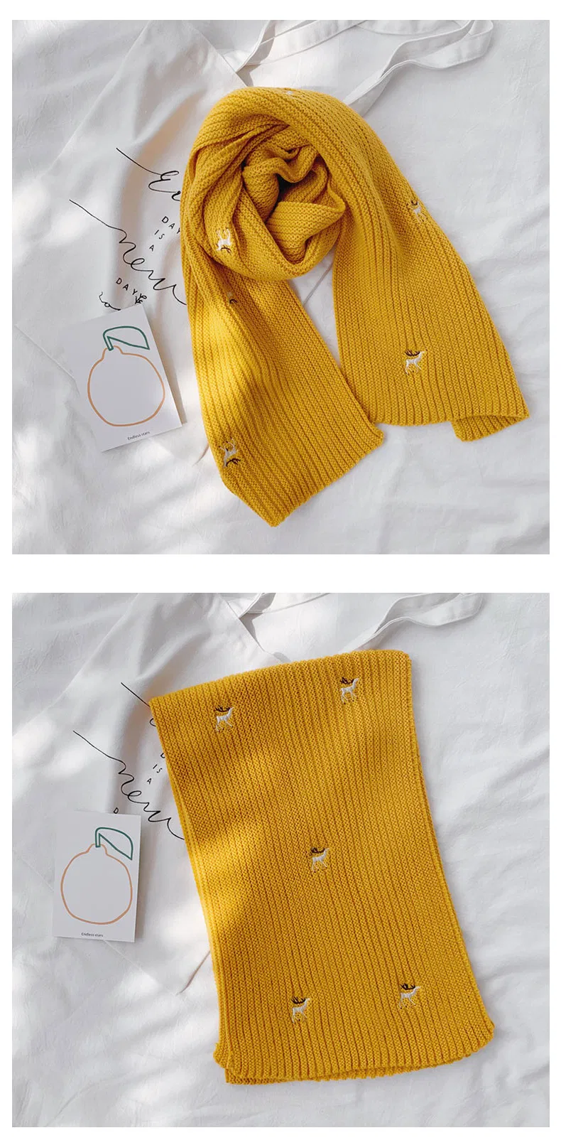 Girls Hot Item Fashion Knitting Scarves Ladies Shawl All Match Kids Children Nice Accessories Scarf for Student with Embroidery Deers