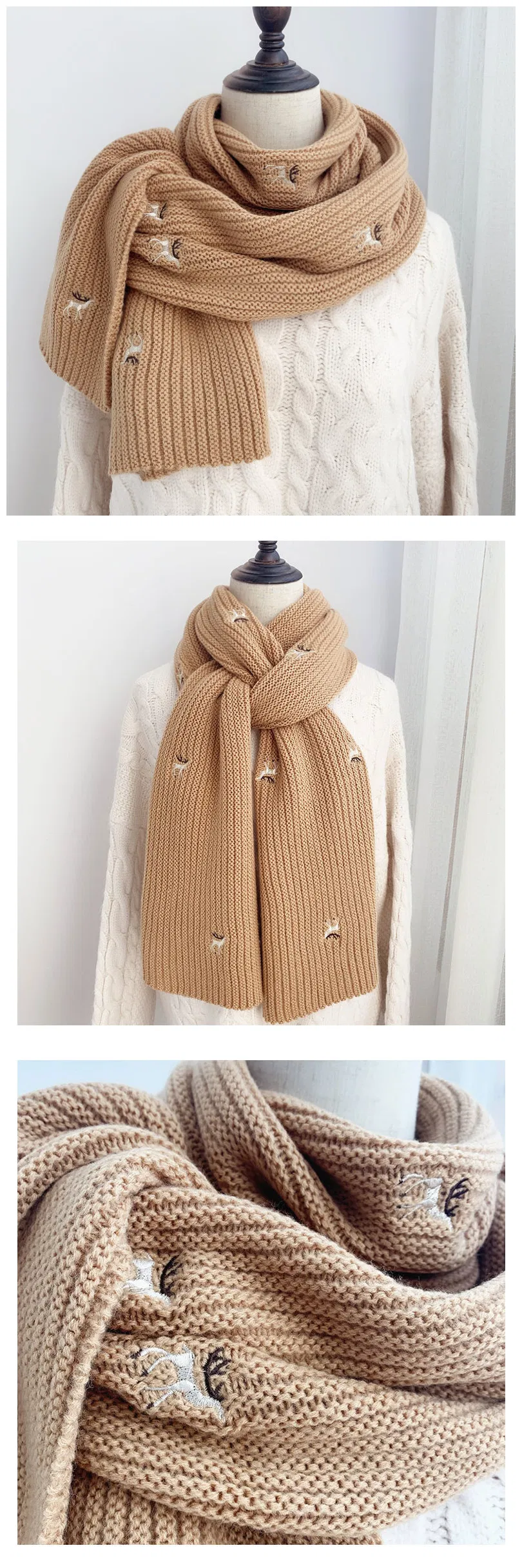 Girls Hot Item Fashion Knitting Scarves Ladies Shawl All Match Kids Children Nice Accessories Scarf for Student with Embroidery Deers