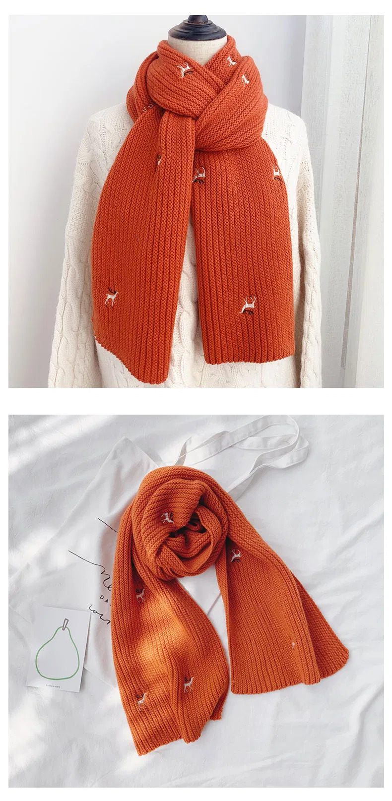 Girls Hot Item Fashion Knitting Scarves Ladies Shawl All Match Kids Children Nice Accessories Scarf for Student with Embroidery Deers