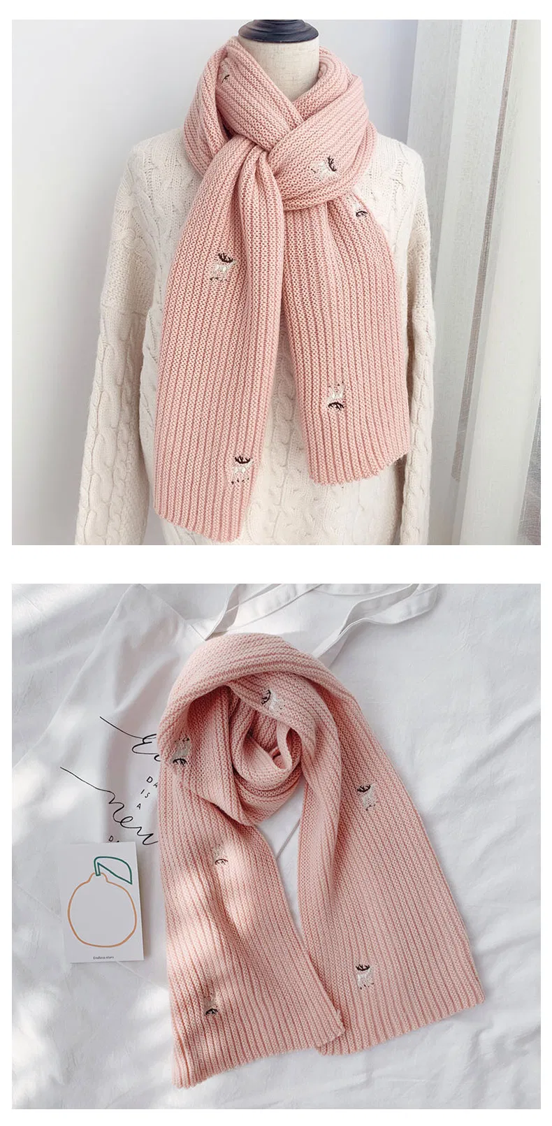 Girls Hot Item Fashion Knitting Scarves Ladies Shawl All Match Kids Children Nice Accessories Scarf for Student with Embroidery Deers