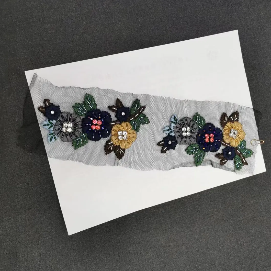 Handmade Large Big Size Lace Appliques and Patches 3D Flower Beaded Embroidery Patches with Crystal Rhinestone