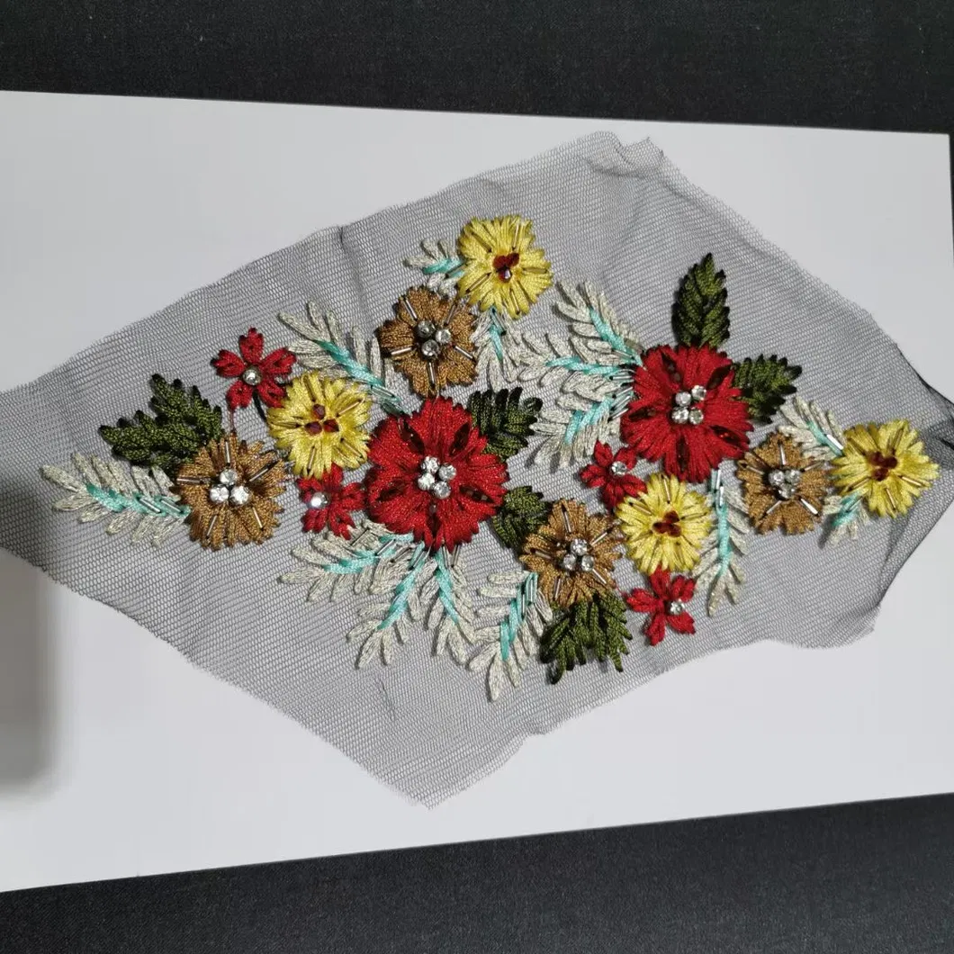 Handmade Large Big Size Lace Appliques and Patches 3D Flower Beaded Embroidery Patches with Crystal Rhinestone