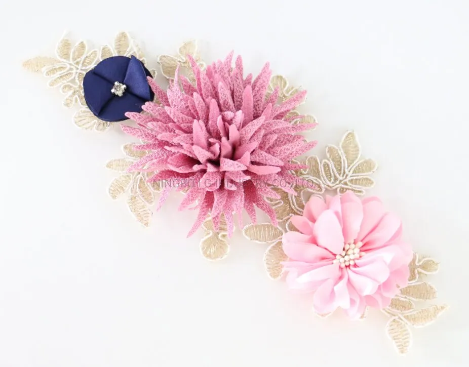 Handwork Tulle Lace Mesh Pink Flower Beaded Lace Applique for Evening Dress