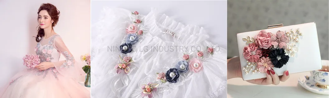 Handwork Tulle Lace Mesh Pink Flower Beaded Lace Applique for Evening Dress