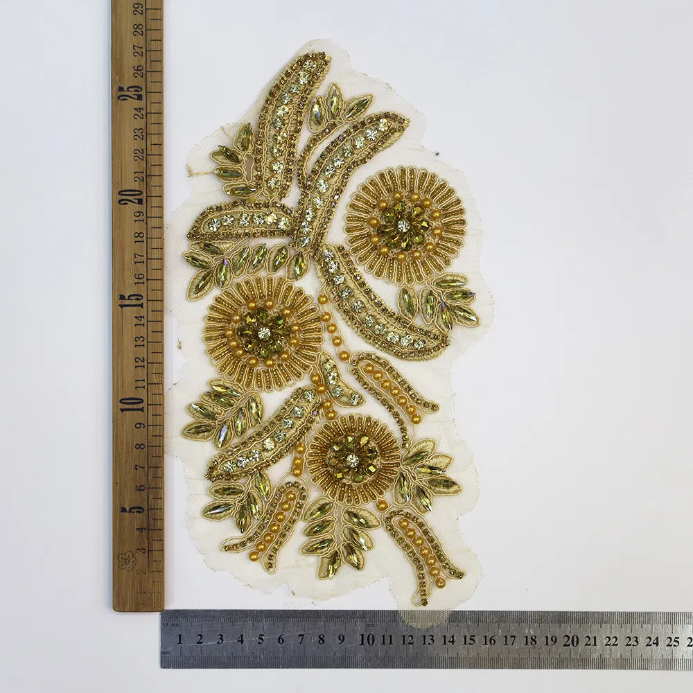 Heavy Bead Embroidery Lace Crochet Flower Beaded Crystal Rhinestone Patch Fashion Bridal Neck Lace Applique