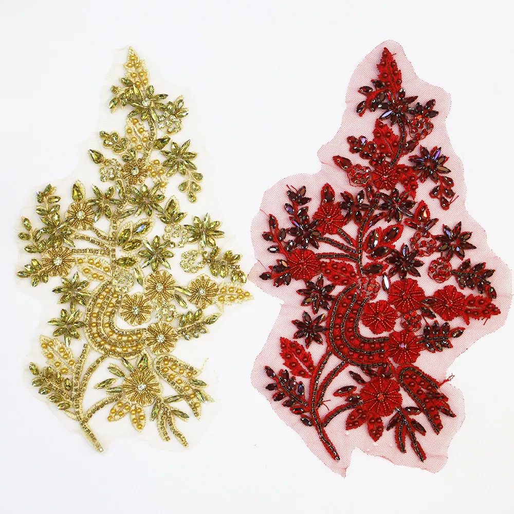 Heavy Bead Embroidery Lace Crochet Flower Beaded Crystal Rhinestone Patch Fashion Bridal Neck Lace Applique