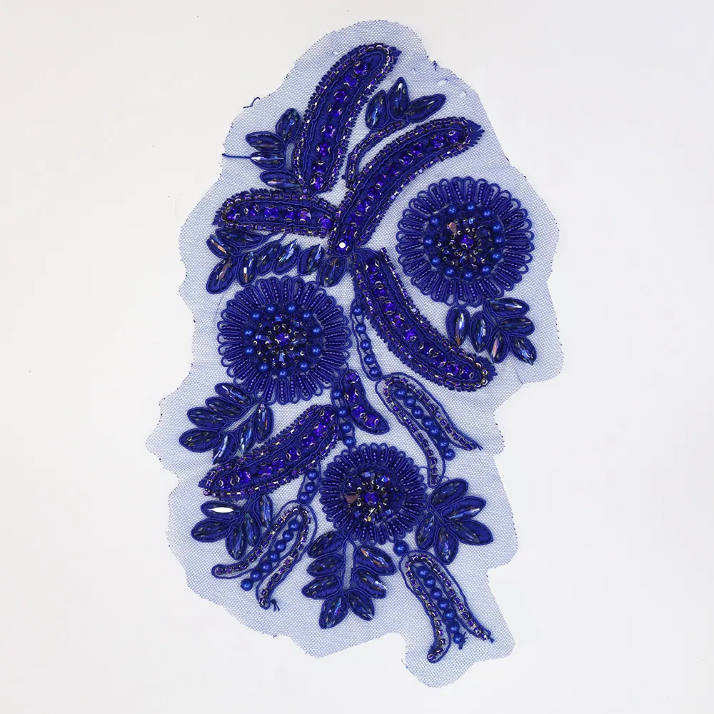 Heavy Bead Embroidery Lace Crochet Flower Beaded Crystal Rhinestone Patch Fashion Bridal Neck Lace Applique