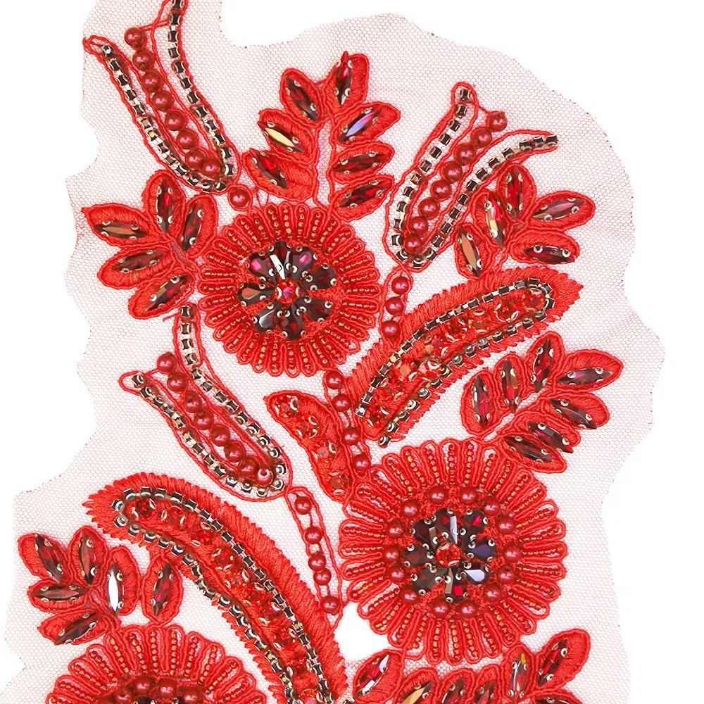 Heavy Bead Embroidery Lace Crochet Flower Beaded Crystal Rhinestone Patch Fashion Bridal Neck Lace Applique
