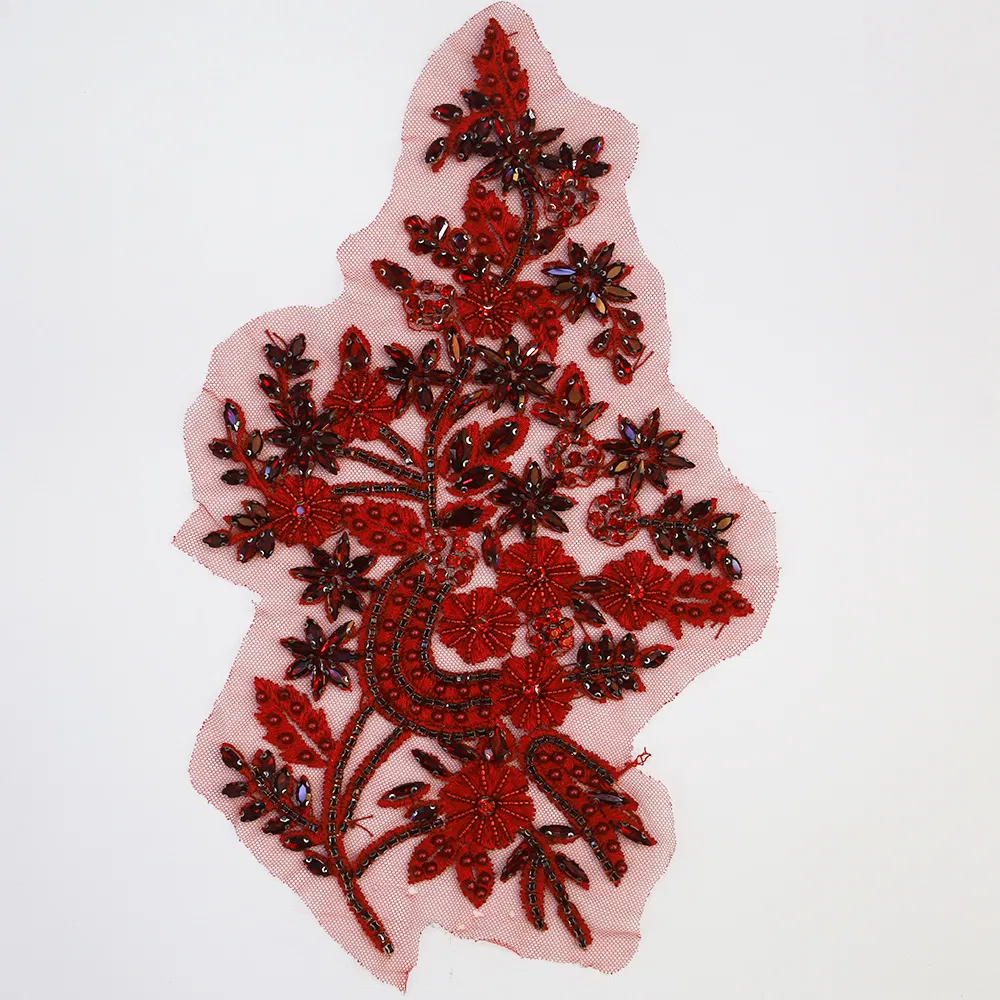 Heavy Bead Embroidery Lace Crochet Flower Beaded Crystal Rhinestone Patch Fashion Bridal Neck Lace Applique